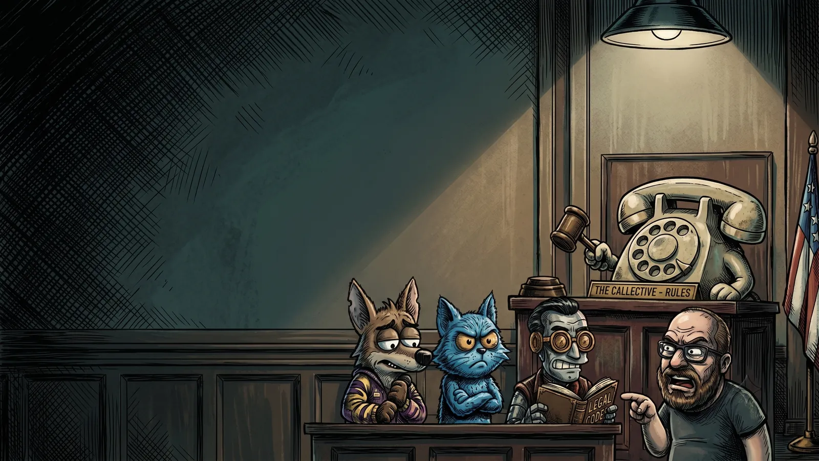 The cast in a cartoon courtroom in front of a rotary phone judge